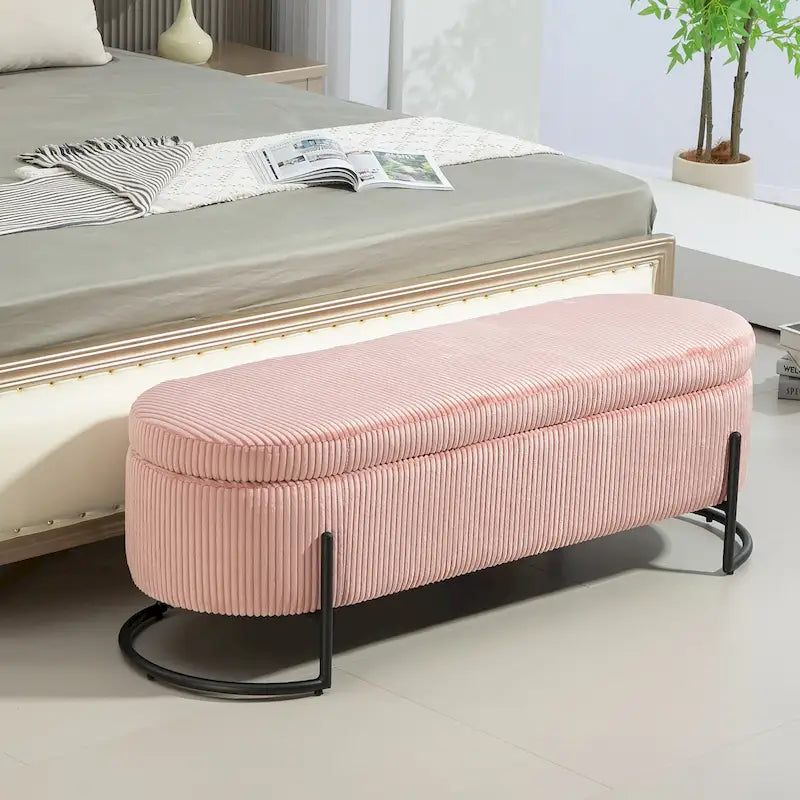Padded Velvet Fabric Storage Bench Ottoman with Safety Hinge and Metal Legs