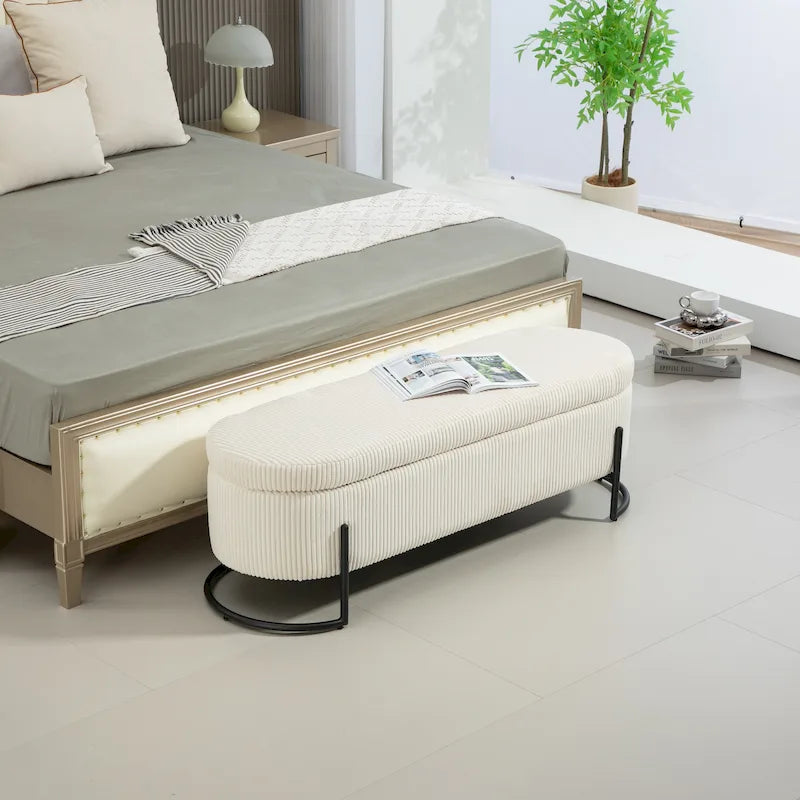 Padded Velvet Fabric Storage Bench Ottoman with Safety Hinge and Metal Legs