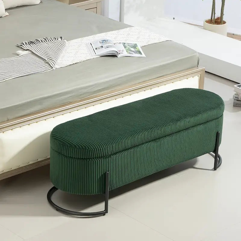 Padded Velvet Fabric Storage Bench Ottoman with Safety Hinge and Metal Legs