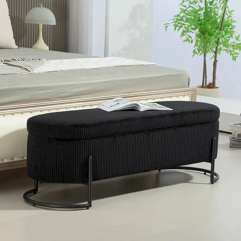 Padded Velvet Fabric Storage Bench Ottoman with Safety Hinge and Metal Legs