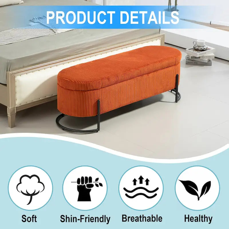Padded Velvet Fabric Storage Bench Ottoman with Safety Hinge and Metal Legs