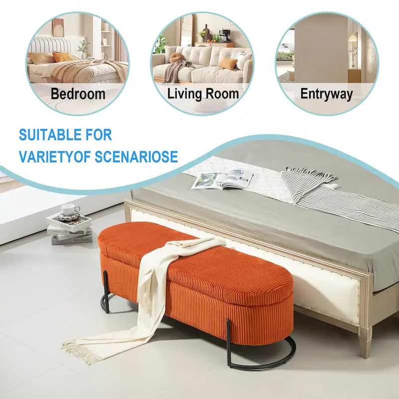 Padded Velvet Fabric Storage Bench Ottoman with Safety Hinge and Metal Legs