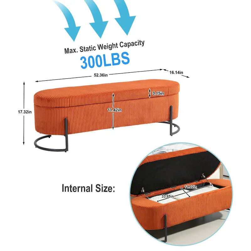 Padded Velvet Fabric Storage Bench Ottoman with Safety Hinge and Metal Legs