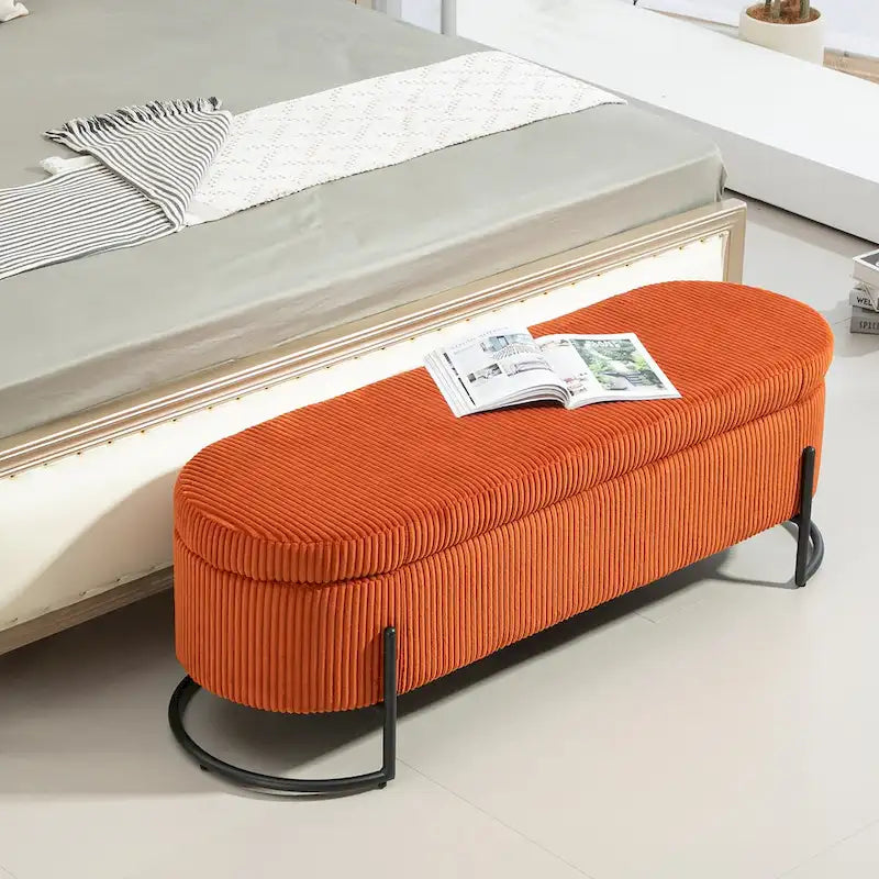 Padded Velvet Fabric Storage Bench Ottoman with Safety Hinge and Metal Legs