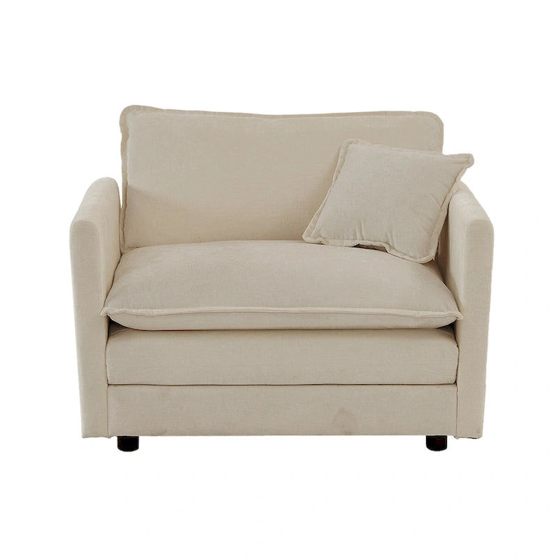 Beige Chenille Single Sofa with Ottoman and Double Cushion Seat