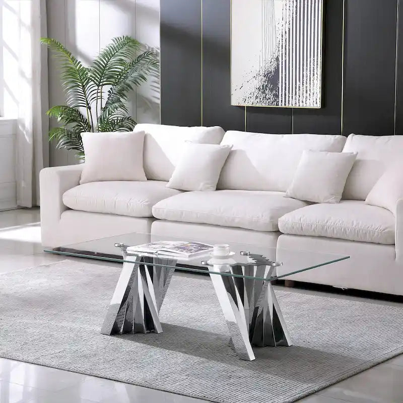 Tempered Glass Top Coffee Table with Gold Mirror Finish Stainless Steel Base