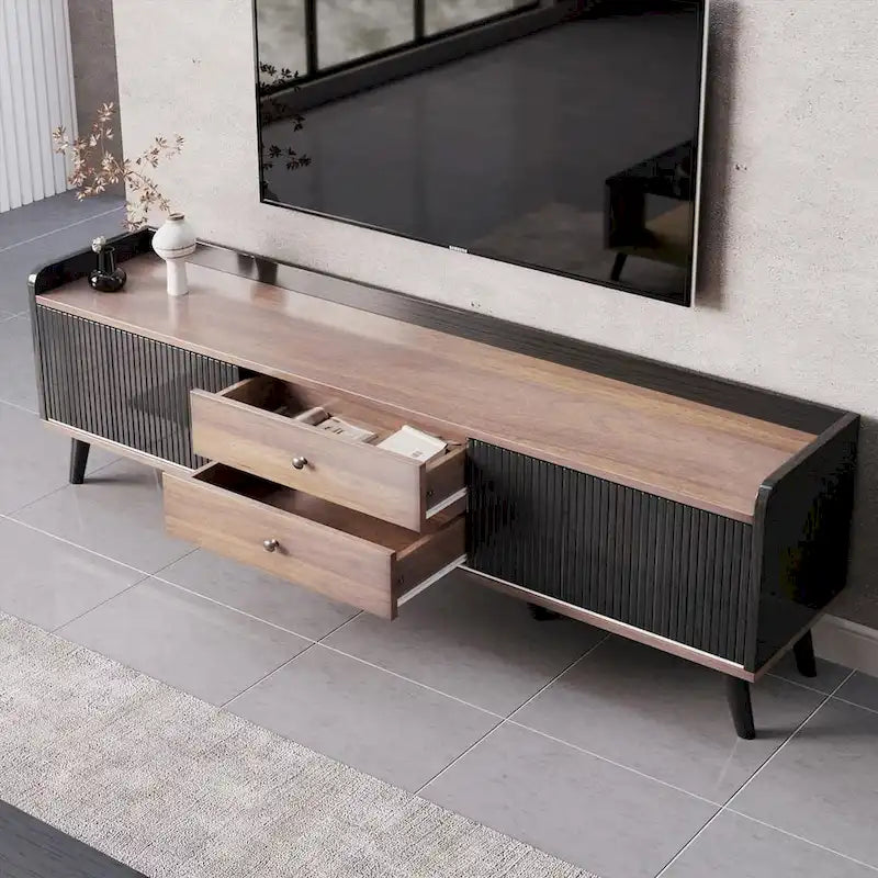 63 Inch Mid Century Modern TV Cabinet Dark Brown Black