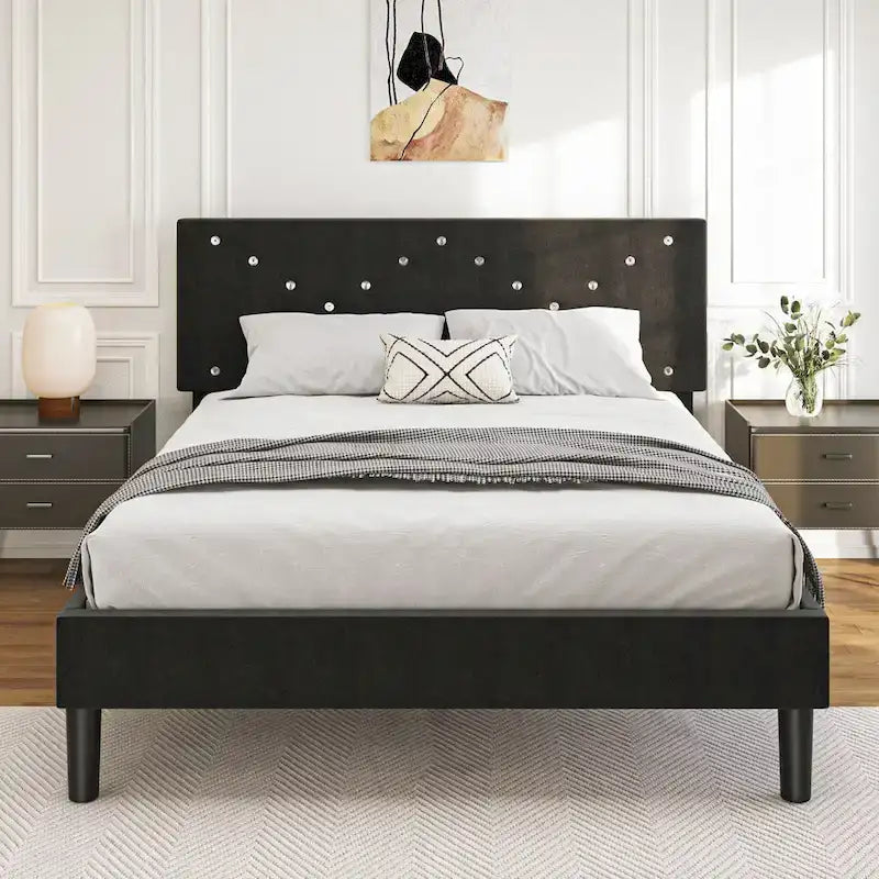 Upholstered Platform Bed, Queen Size, Black with Padded Headboard & Heavy-Duty Metal Frame