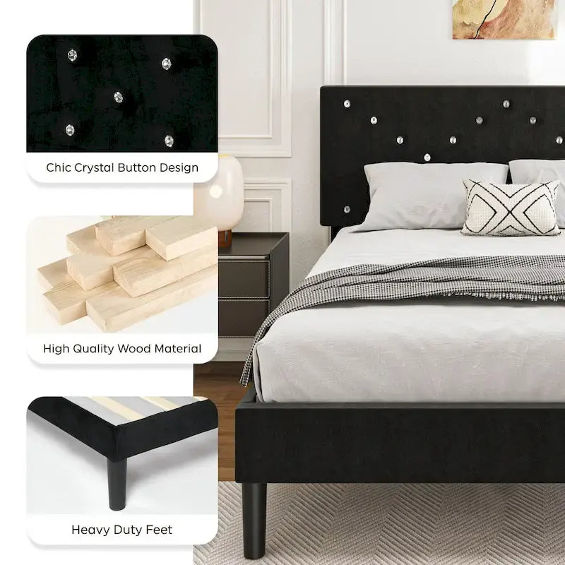 Upholstered Platform Bed, Queen Size, Black with Padded Headboard & Heavy-Duty Metal Frame