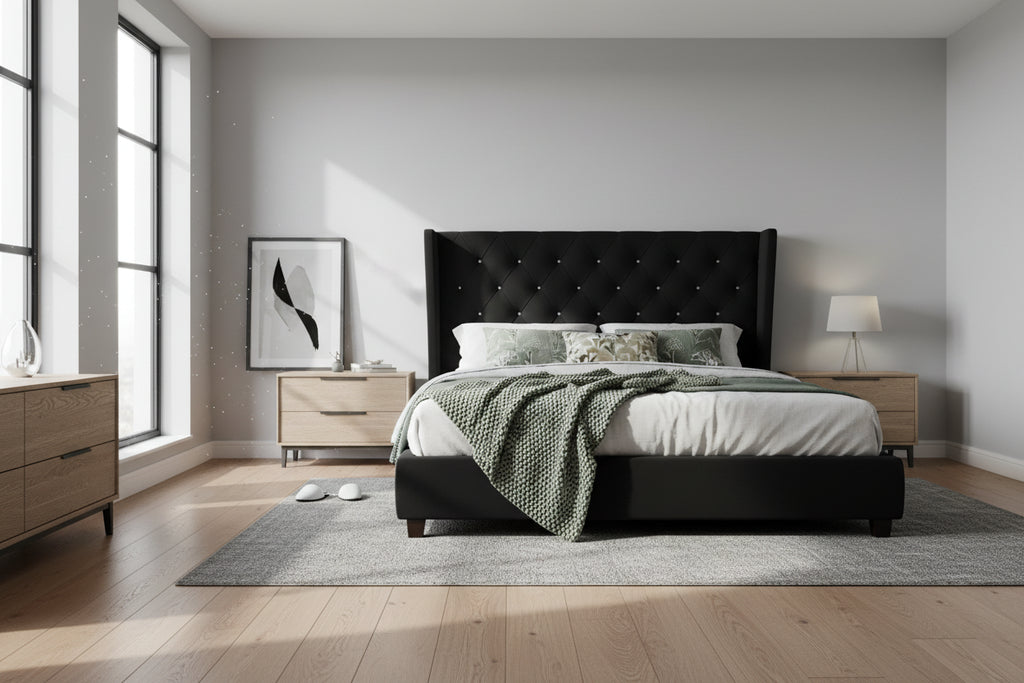 Upholstered Platform Bed, Queen Size, Black with Padded Headboard & Heavy-Duty Metal Frame