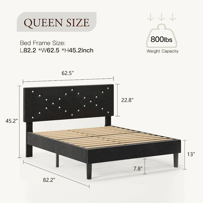 Upholstered Platform Bed, Queen Size, Black with Padded Headboard & Heavy-Duty Metal Frame