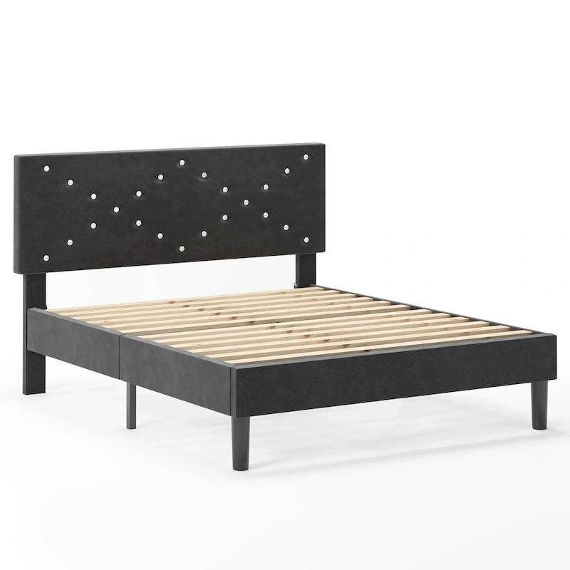 Upholstered Platform Bed, Queen Size, Black with Padded Headboard & Heavy-Duty Metal Frame