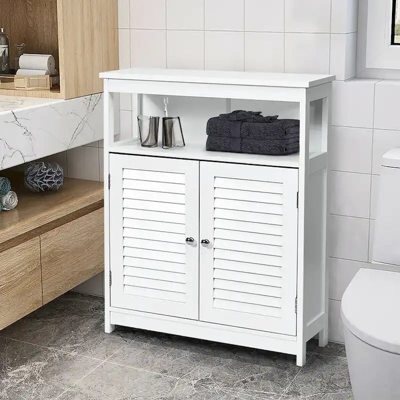 Costway Bathroom Storage Wood Floor Cabinet with Double Shutter Door