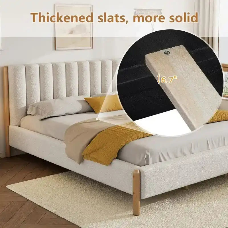 3-Pieces Bedroom Sets ,Bed Frame with Boucle Upholstered Thick Headboard, Solid Wooden Legs,Nightstands Set of 2 with Barn Door