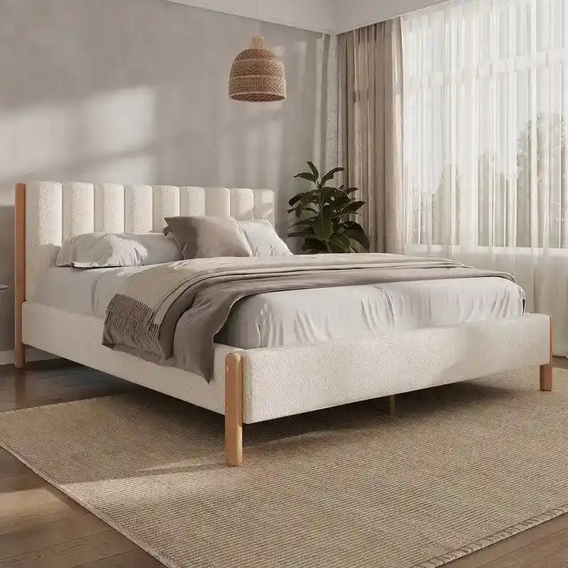 3-Pieces Bedroom Sets ,Bed Frame with Boucle Upholstered Thick Headboard, Solid Wooden Legs,Nightstands Set of 2 with Barn Door
