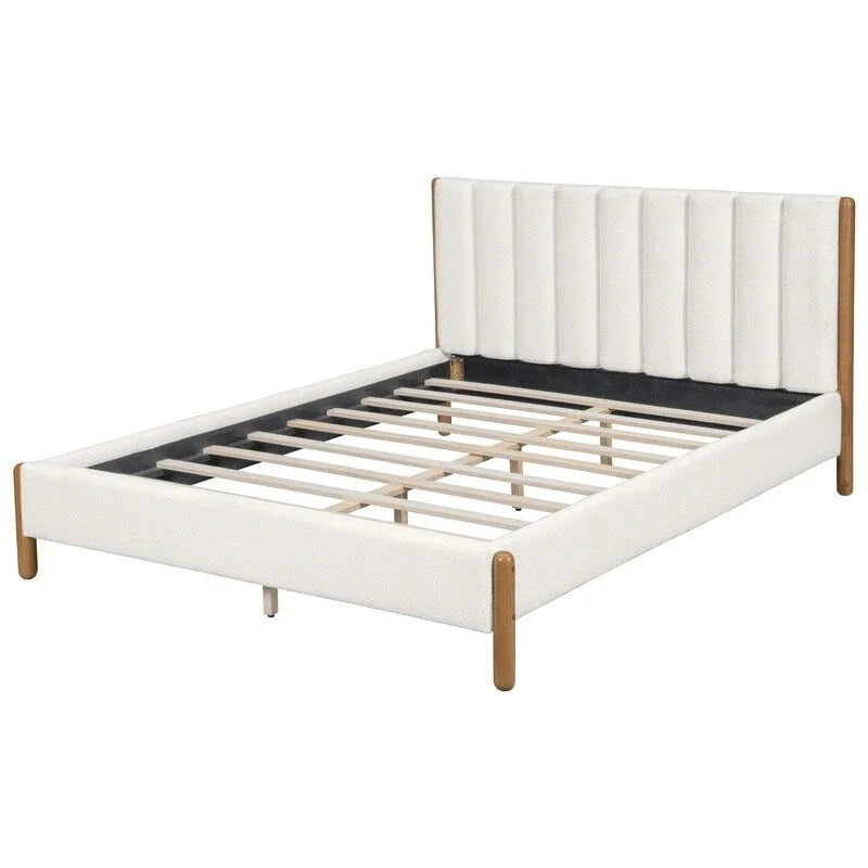 3-Pieces Bedroom Sets ,Bed Frame with Boucle Upholstered Thick Headboard, Solid Wooden Legs,Nightstands Set of 2 with Barn Door