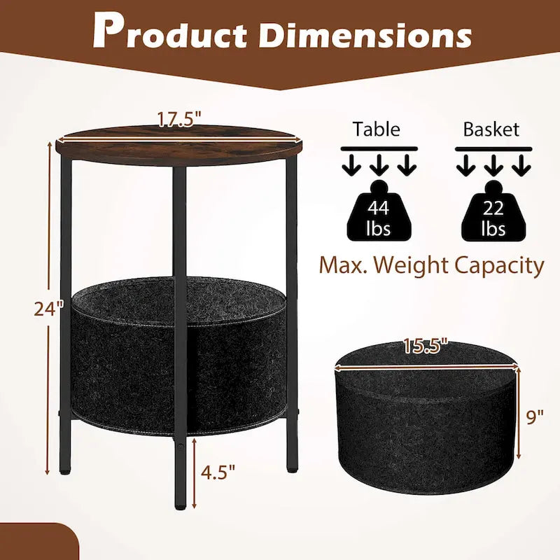 1 ou 2 tables d'appoint rondes avec panier de rangement en feutre et piètement en métal robuste