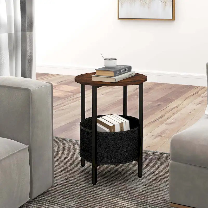 1 ou 2 tables d'appoint rondes avec panier de rangement en feutre et piètement en métal robuste