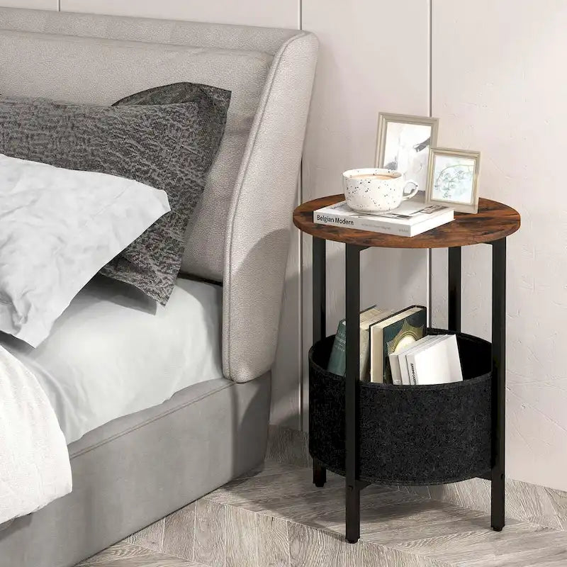 1 ou 2 tables d'appoint rondes avec panier de rangement en feutre et piètement en métal robuste