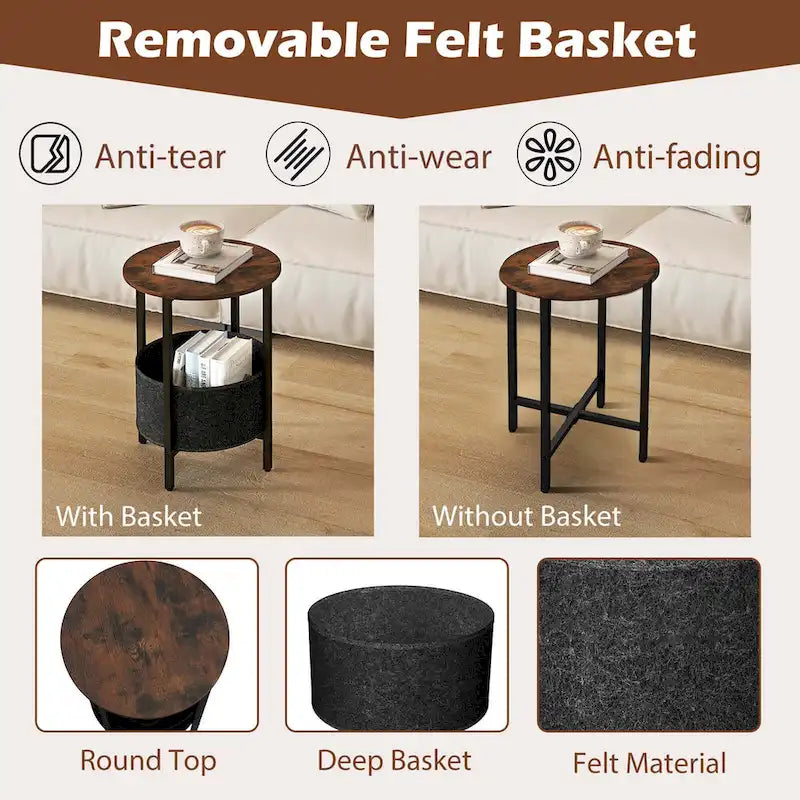 1 ou 2 tables d'appoint rondes avec panier de rangement en feutre et piètement en métal robuste