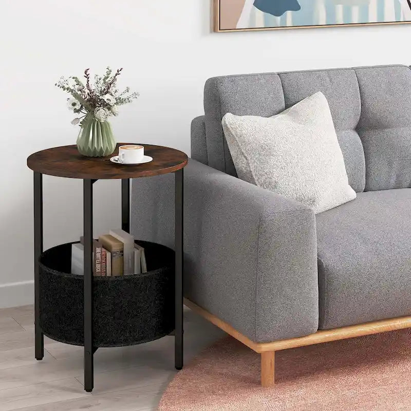 1 ou 2 tables d'appoint rondes avec panier de rangement en feutre et piètement en métal robuste