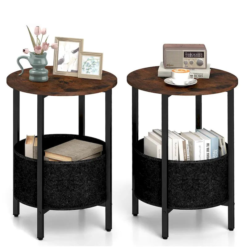 1 ou 2 tables d'appoint rondes avec panier de rangement en feutre et piètement en métal robuste
