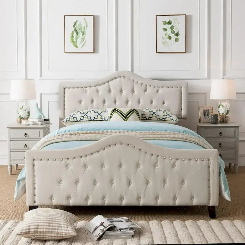 Queen Size Platform Bed with Arched Headboard & Footboard with Rivet Accents, Button Tufted Design