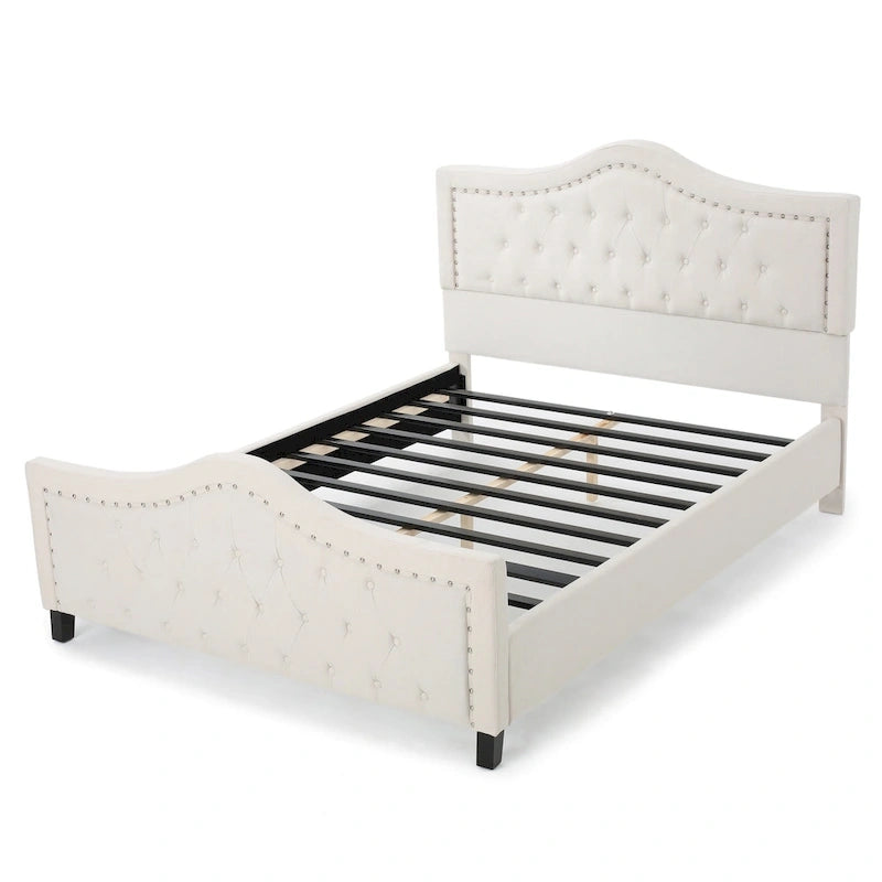 Queen Size Platform Bed with Arched Headboard & Footboard with Rivet Accents, Button Tufted Design