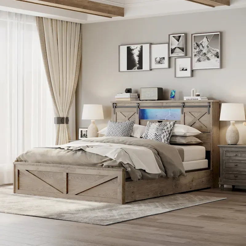Queen Size Platform Bed with LED Headboard And Charging Station , Barn Door Design, App-Controlled RGB Lights
