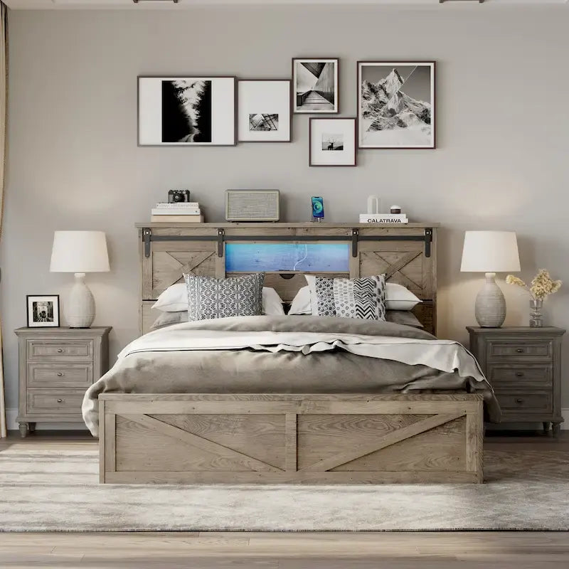 Queen Size Platform Bed with LED Headboard And Charging Station , Barn Door Design, App-Controlled RGB Lights
