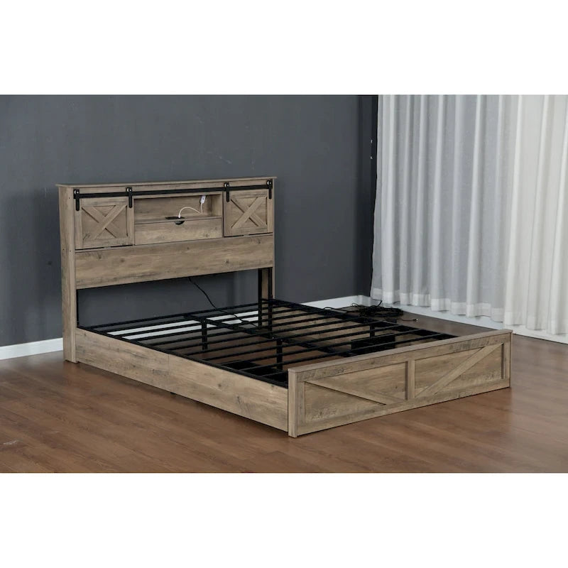 Queen Size Platform Bed with LED Headboard And Charging Station , Barn Door Design, App-Controlled RGB Lights