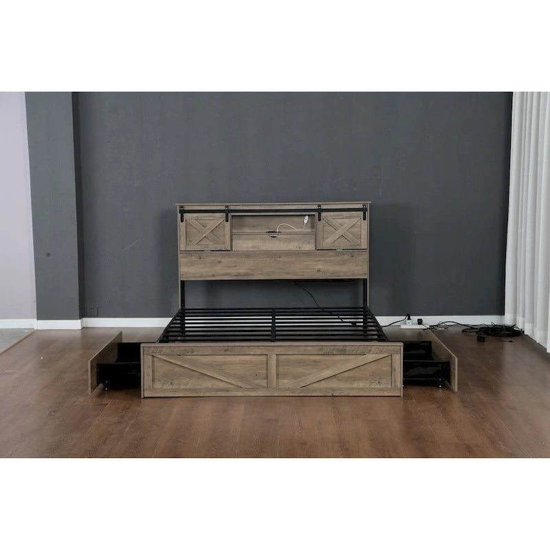 Queen Size Platform Bed with LED Headboard And Charging Station , Barn Door Design, App-Controlled RGB Lights