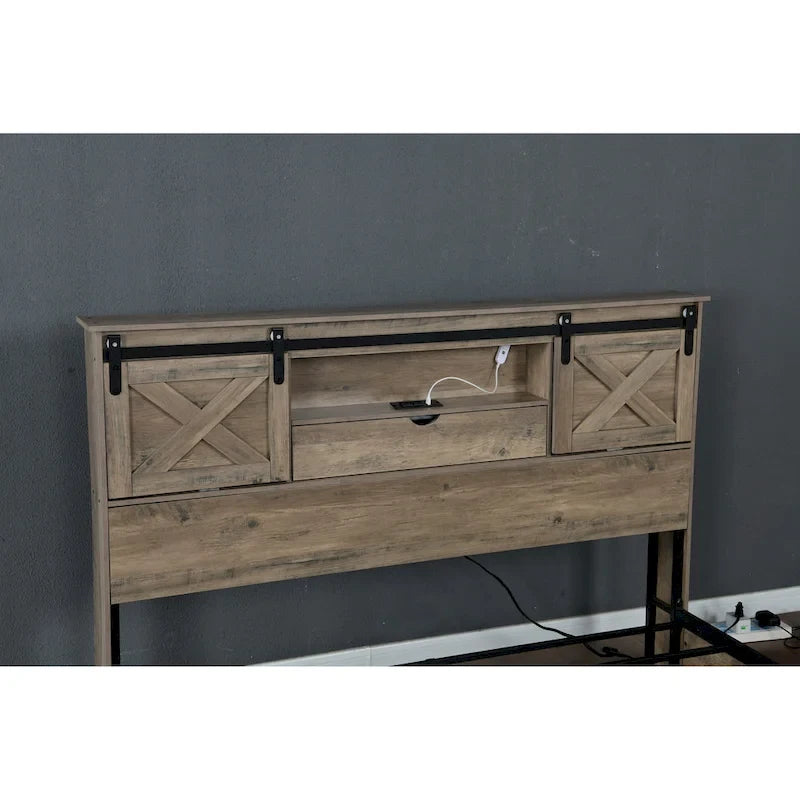 Queen Size Platform Bed with LED Headboard And Charging Station , Barn Door Design, App-Controlled RGB Lights
