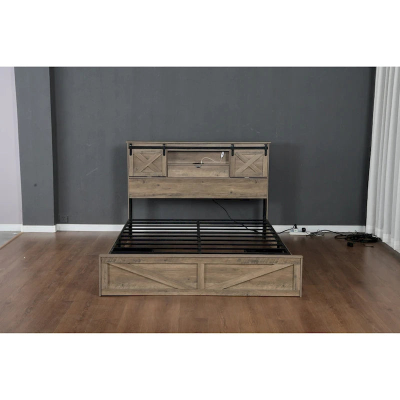 Queen Size Platform Bed with LED Headboard And Charging Station , Barn Door Design, App-Controlled RGB Lights