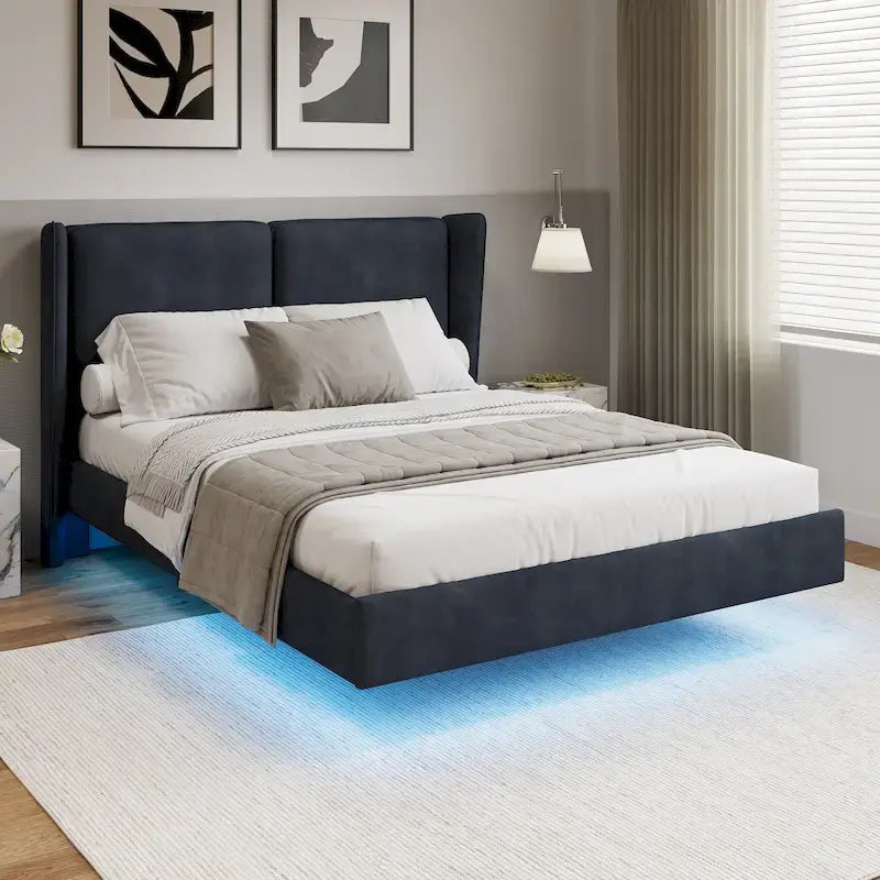 Queen Size Velvet Floating Platform Bed Frame with Under-Bed Smart LED Lights 6 Storage Space & Easy Assembly