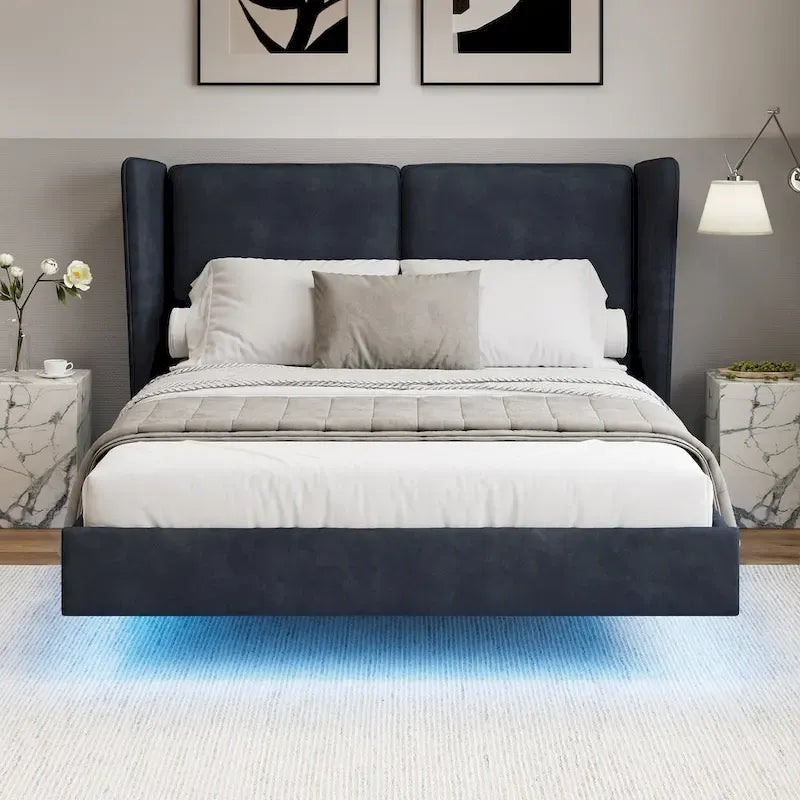 Queen Size Velvet Floating Platform Bed Frame with Under-Bed Smart LED Lights 6 Storage Space & Easy Assembly