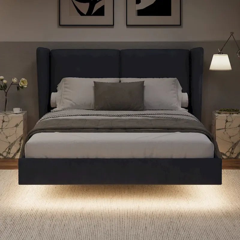 Queen Size Velvet Floating Platform Bed Frame with Under-Bed Smart LED Lights 6 Storage Space & Easy Assembly