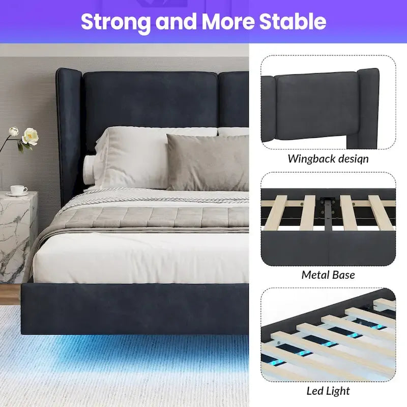 Queen Size Velvet Floating Platform Bed Frame with Under-Bed Smart LED Lights 6 Storage Space & Easy Assembly