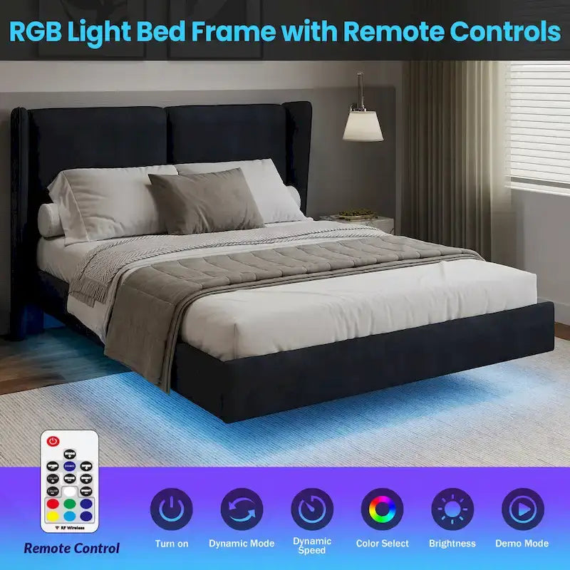 Queen Size Velvet Floating Platform Bed Frame with Under-Bed Smart LED Lights 6 Storage Space & Easy Assembly