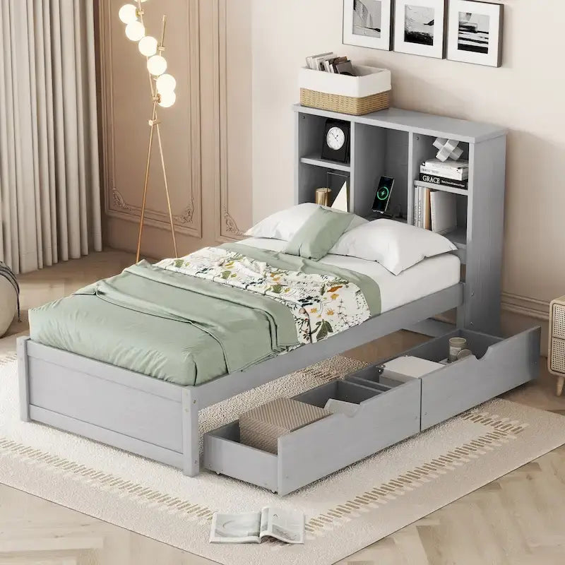 Modern Twin Size Bed with Built-in USB Port on Bookcase Headboard and 2 Drawers