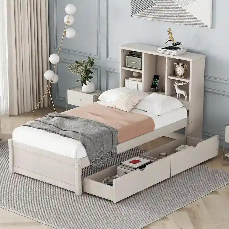 Modern Twin Size Bed with Built-in USB Port on Bookcase Headboard and 2 Drawers