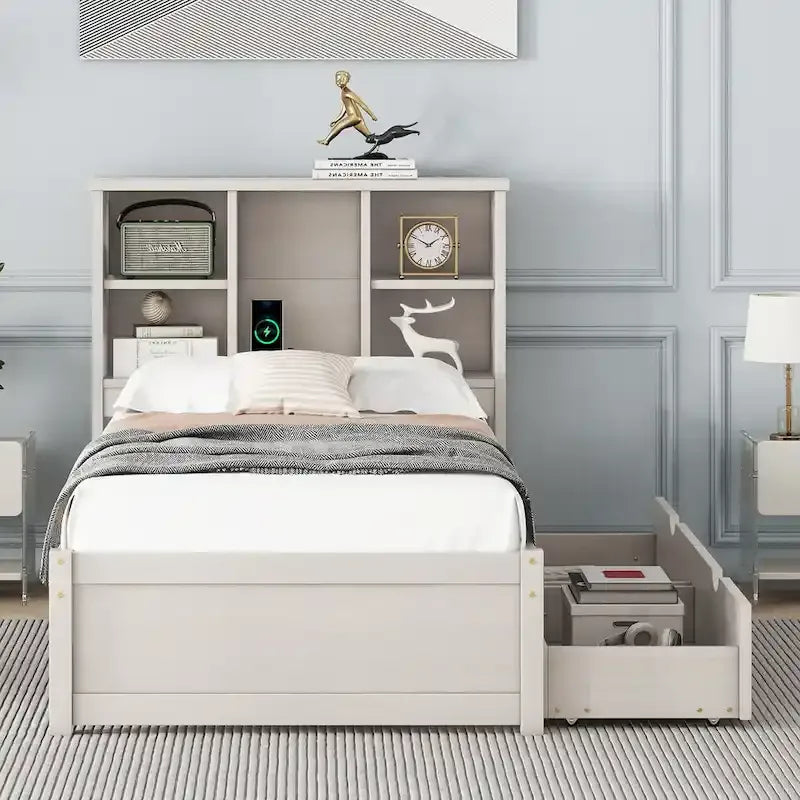 Modern Twin Size Bed with Built-in USB Port on Bookcase Headboard and 2 Drawers