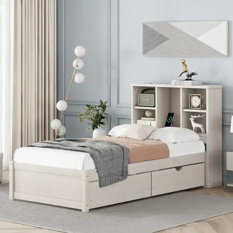 Modern Twin Size Bed with Built-in USB Port on Bookcase Headboard and 2 Drawers