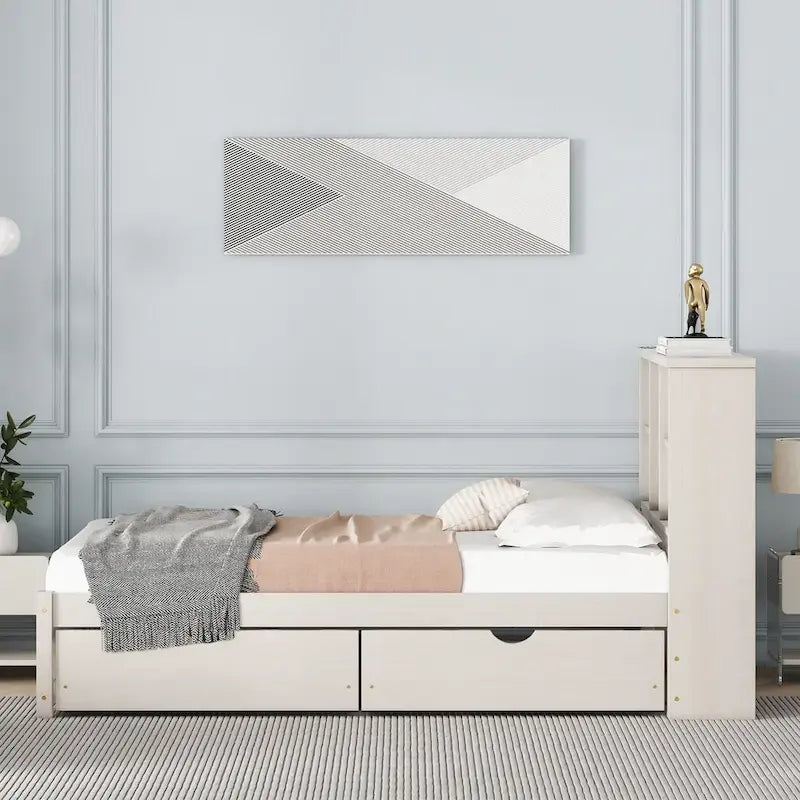 Modern Twin Size Bed with Built-in USB Port on Bookcase Headboard and 2 Drawers