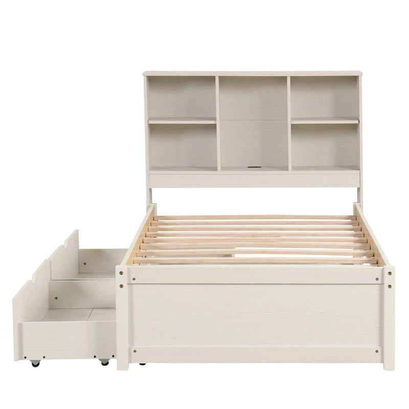 Modern Twin Size Bed with Built-in USB Port on Bookcase Headboard and 2 Drawers