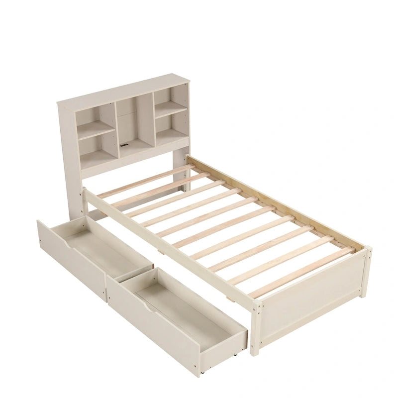 Lit double moderne avec port USB intégré sur la tête de lit bibliothèque et 2 tiroirs