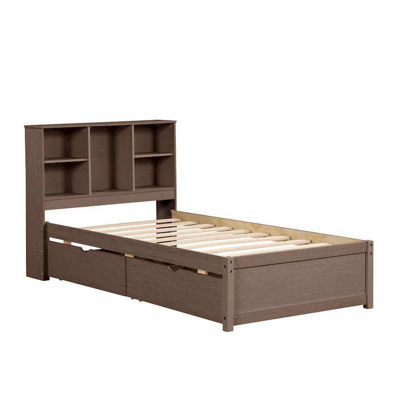 Lit double moderne avec port USB intégré sur la tête de lit bibliothèque et 2 tiroirs