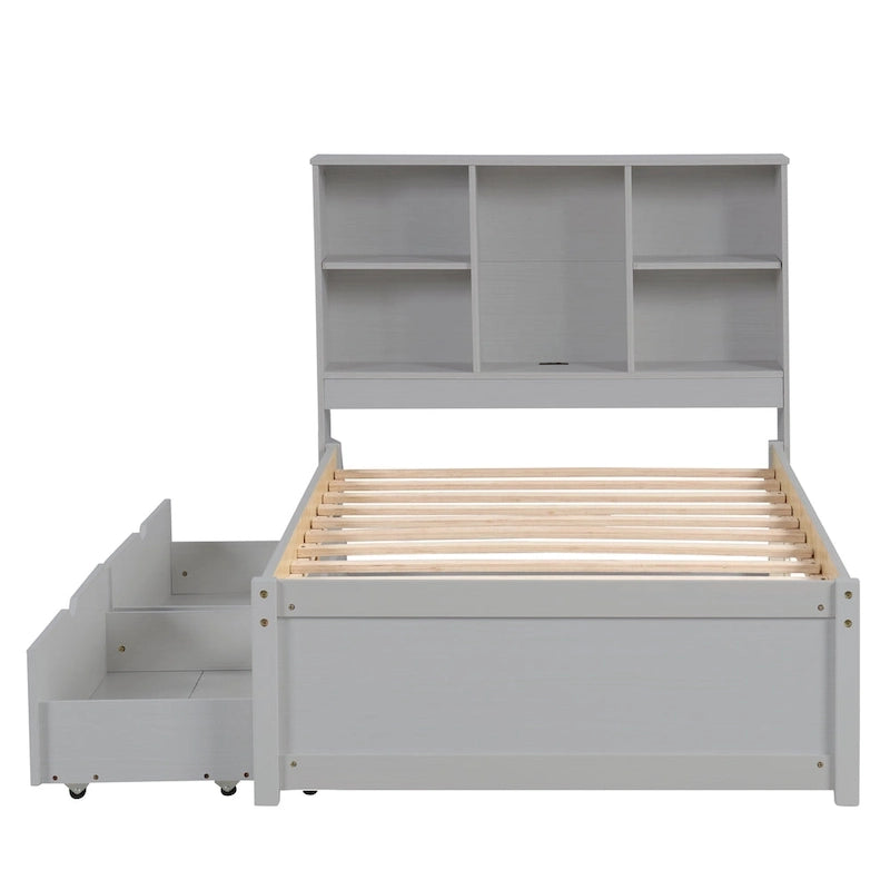 Lit double moderne avec port USB intégré sur la tête de lit bibliothèque et 2 tiroirs