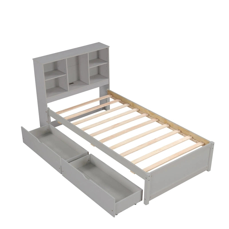 Lit double moderne avec port USB intégré sur la tête de lit bibliothèque et 2 tiroirs