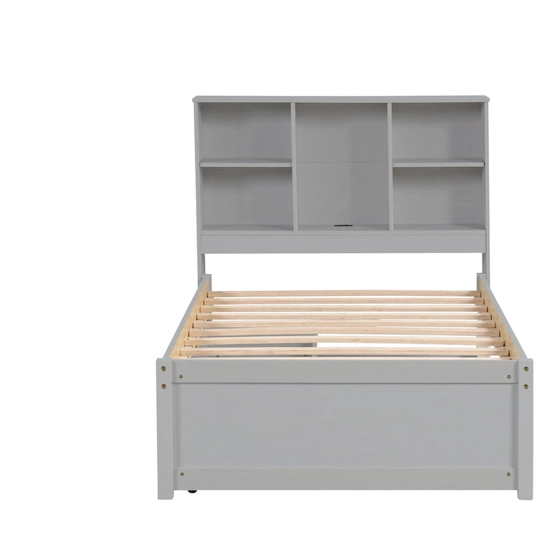 Lit double moderne avec port USB intégré sur la tête de lit bibliothèque et 2 tiroirs
